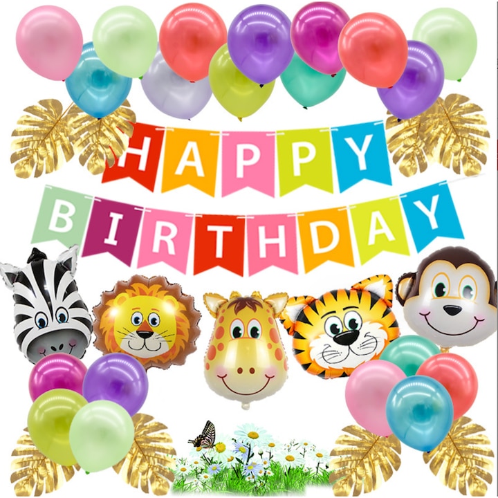 Комплект балони и украса за рожден ден за деца, тема джунгла, ZYuuan, многоцветен