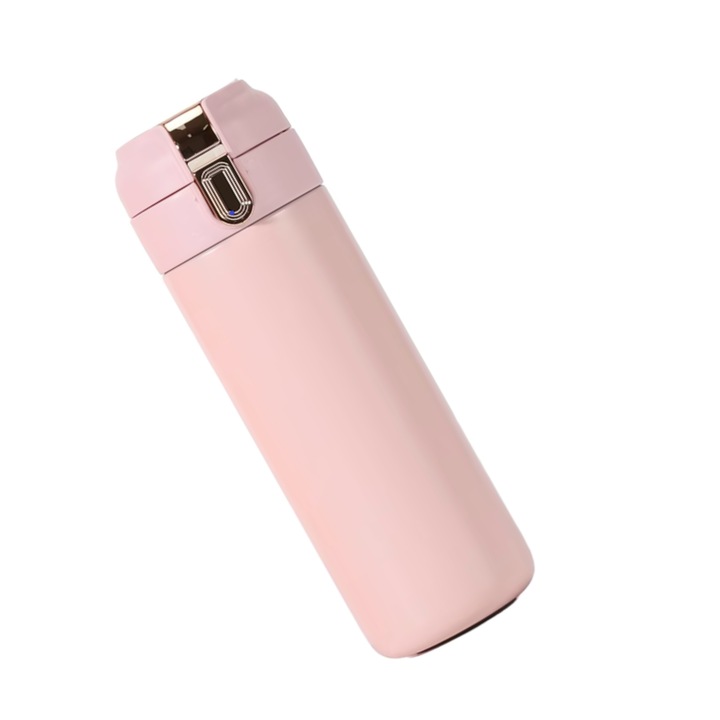 Rozsdamentes acél termosz bögre kávéhoz vagy teához, folyadékhőmérséklet kijelzővel, űrtartalom 400ml, porrózsaszín