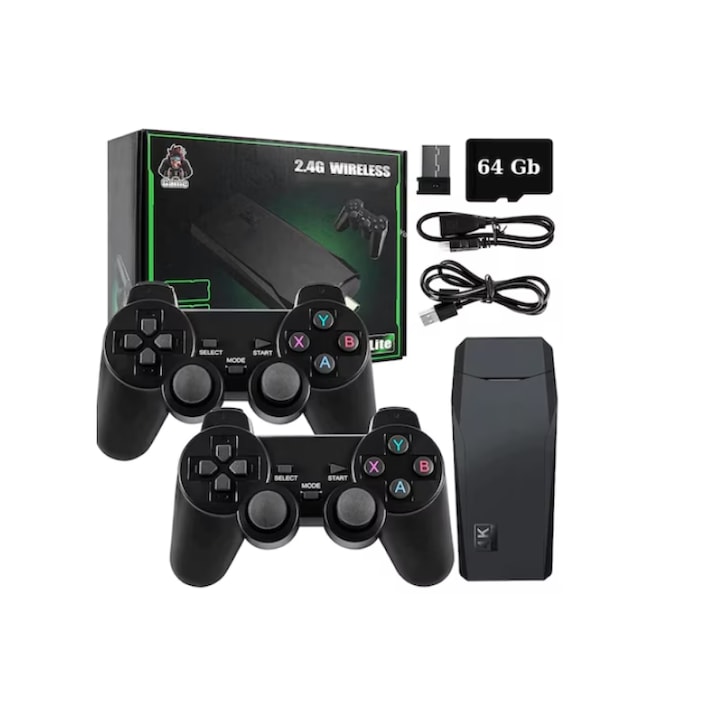 Consola jocuri tip stick, cu 10000 de jocuri incorporate, cu 2 controler wireless, iesire HDMI, se poate conecta la TV, Box/PC/Laptop/Proiector, negru