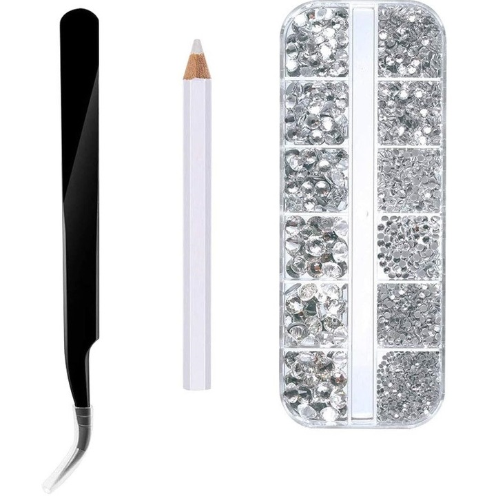Margele sticla stil diamonds, 2000 buc, penseta si creion inclus, pentru make-up, unghii