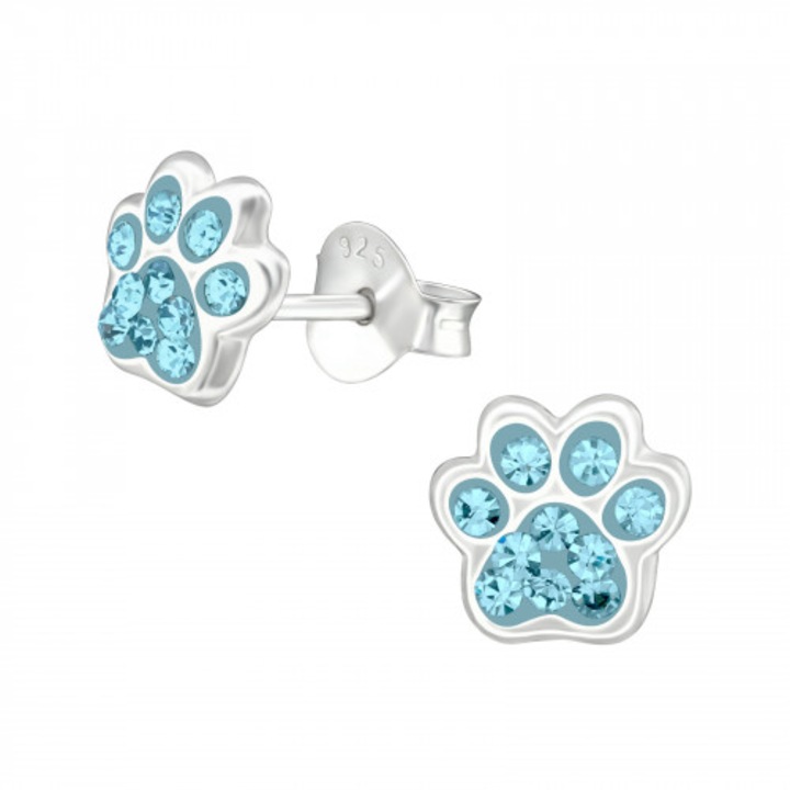 Paw Print Boutique 23 gyerek fülbevaló, ezüst 925, cirkónia kristályok, ékszerdoboz, kék
