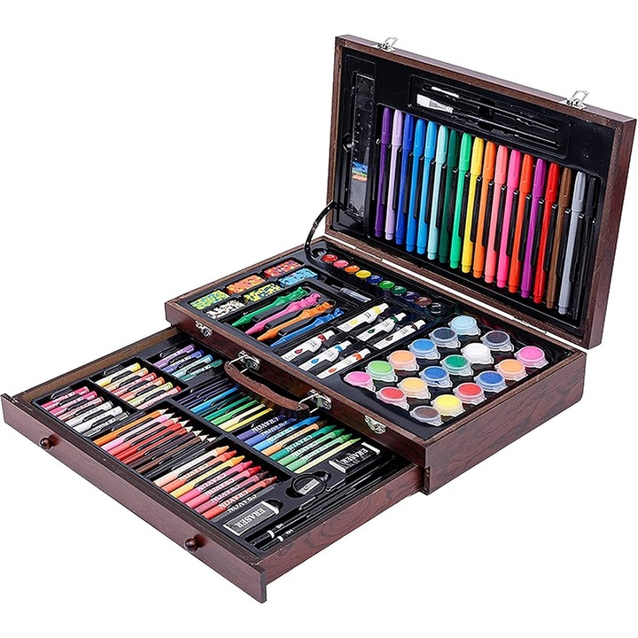 Set Complet pentru Desenat si Pictat Art Painting, 123 de Elemente, Echipat cu Valiza din Lemn, 37,5cm x 23,5cm x 8cm