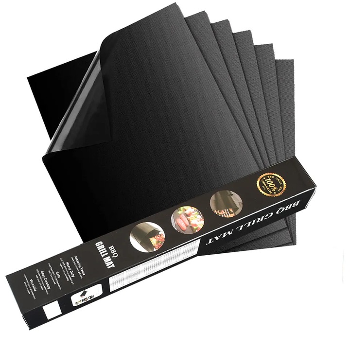 Set 5 buc BBQ Grill Mat, Folie antiaderenta din teflon pentru gratar, Negru, 40 x 33 cm