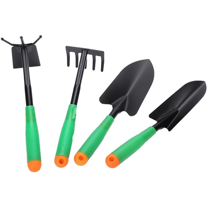 Комплект от 4 зелени градински инструмента, за засаждане, обработка на почвата и грижа за растенията, зелен