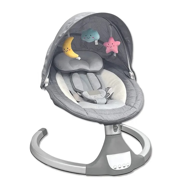 Leagan Electric HappyKids Multifunctional Pentru Bebelusi cu Acoperis Rabatabil Si Plasa Protectie Tantari, Conexiune Bluetooth, Telecomanda, Reglabil, Jucarii si Melodii, Functie EasyTouch, Gri