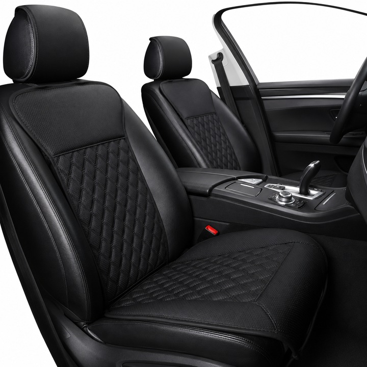 Husa Scaun Auto Elindor® Huse Universale pentru Protectie Sezut si Spatar Scaune Fata, Piele PU, Model Matlasat, Buzunar Depozitare, Antialunecare, Accesorii Masina Huse Interior, Usor de Curatat, 53 x 63 cm, Negru