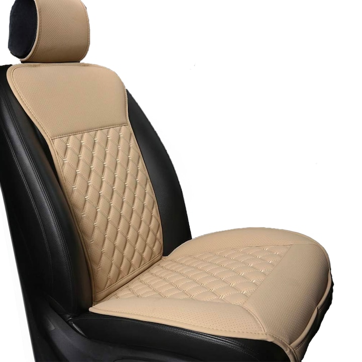 Калъф за стол за кола, Универсален, Осигурява защита на предната седалка, Неплъзгащ се, Ватиран модел, PU кожа, Елегантен дизайн с джоб за съхранение, Бежов