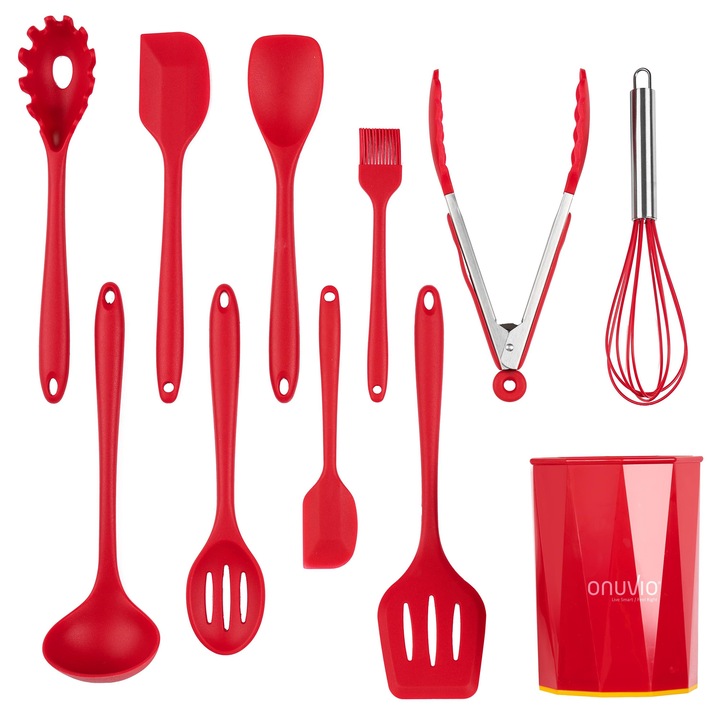 Set Ustensile Bucatarie 11 Piese Onuvio®, Luxury Silicon Alimentar, Suport Blat, Antiaderente, Termorezistente, Certificate Institutul Bioresurse Alimentare - Rosu