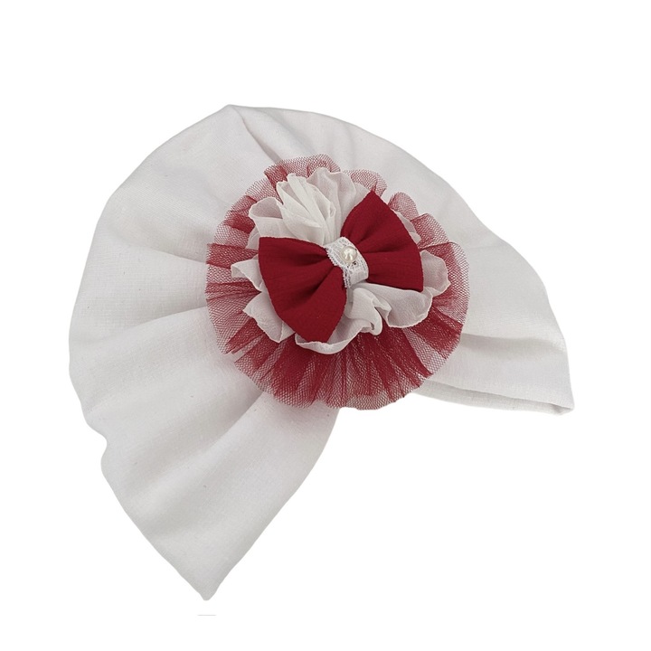 Елегантен тюрбан, бял памук, с цвете бордо, Бордо