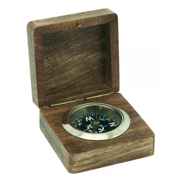 Фиксиран компас, месинг, кутия от мангово дърво, капак с роза на ветровете, 7,5x7,5x4 см