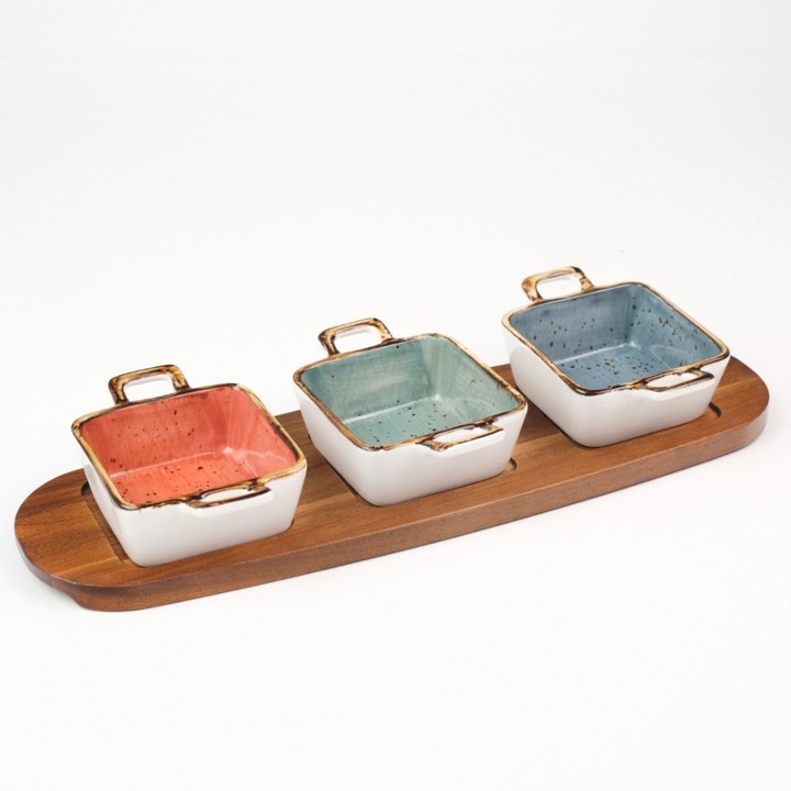 Sosiera ceramica si suport de lemn, 4 piese, 110 ml vas