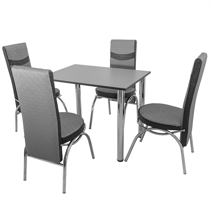 Set masa cu 4 scaune Venetia gri/negru, DENVER, blat pal gri, cant abs negru, forma dreptunghiulara, 90x64x73 cm