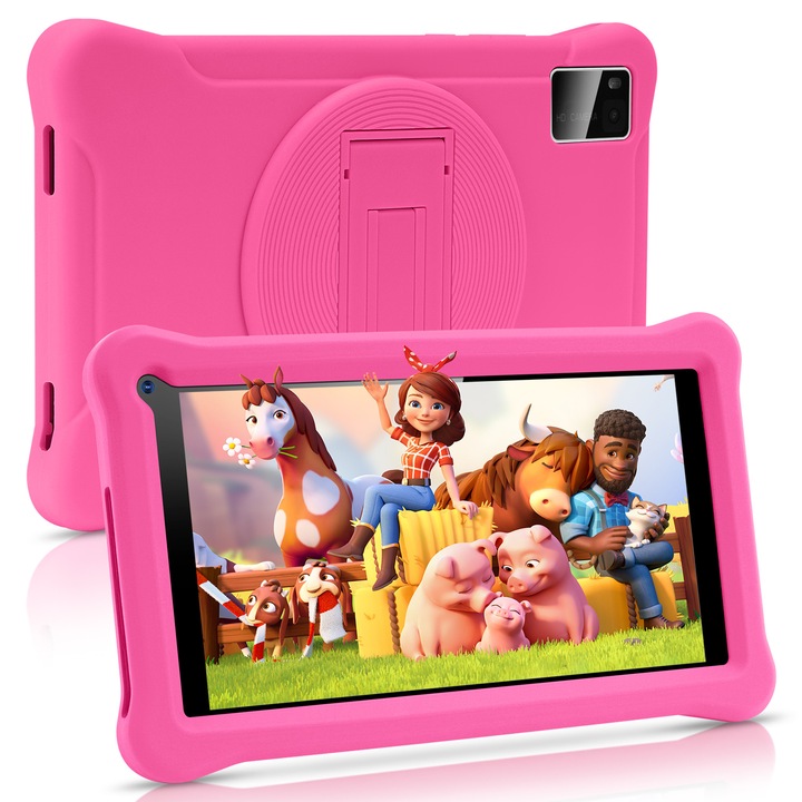 Детски таблет, 7 инча, Android 11, 3-12 години, 3GB RAM, 32GB ROM (с възможност за разширение до 128GB), Предварително инсталиран детски софтуер, Google сертификат, Онлайн режим за родителски контрол, Bluetooth, WiFi, Розов, включва защитен калъф