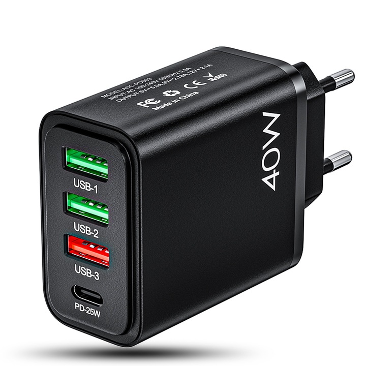 Мрежово зарядно устройство Timebox, 4 порта, 40 W бързо зареждане, 1 x Type-C, 3 x USB, съвместимо с iPhone, Huawei, Samsung, черно