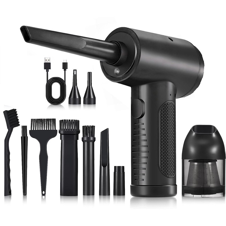 Suflanta Aer & Aspirator fara Fir, LittleDomi, pentru Tastatura, Indepartare Praf PC, Aer Conditionat, Jaluzele, Canapea, Telefon, Obiectiv Aparat Foto, 3 Trepte de Viteza, 11 Accesorii, Lanterna LED, Negru