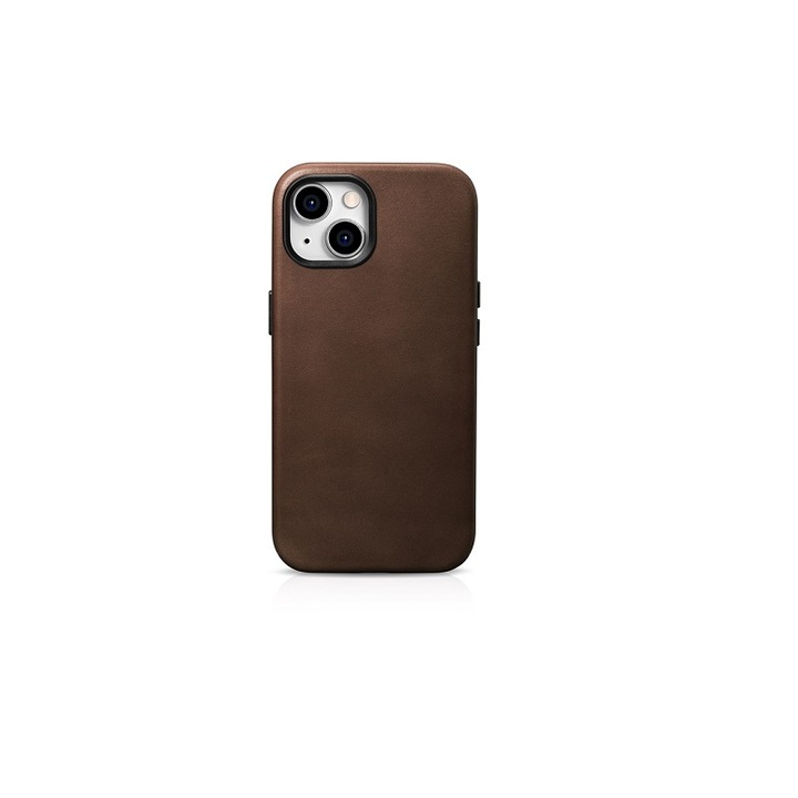 ICarer Oil Wax Leather MagSafe Tok, kompatibilis az iPhone 15 telefonnal, barna