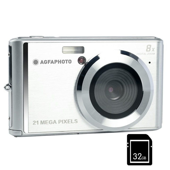 Pachet camera foto digitala AgfaPhoto DC5200 21MP HD 720p si card 32 GB, Argintiu