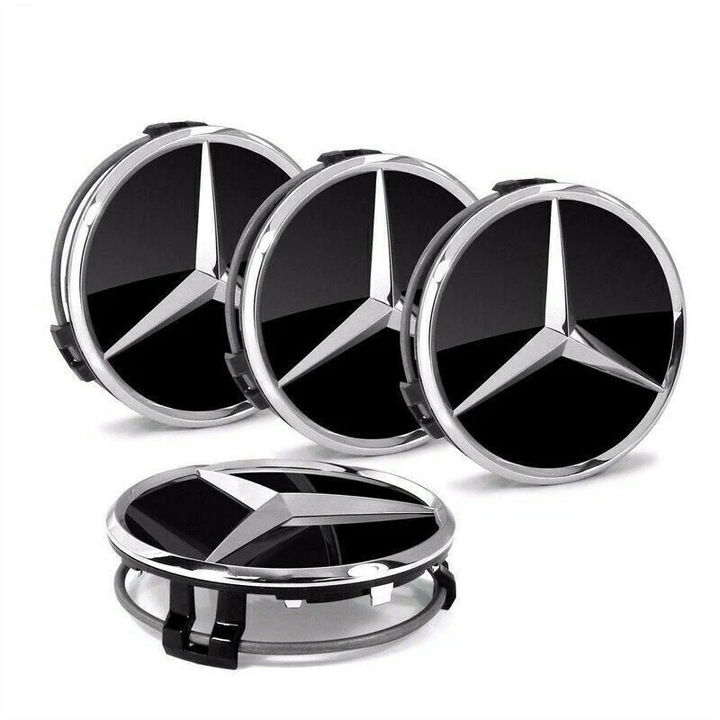 Set 4 Embleme Roti Pentru Jante Din Aliaj Mercedes-Benz 75mm, model Star Negru Lucios