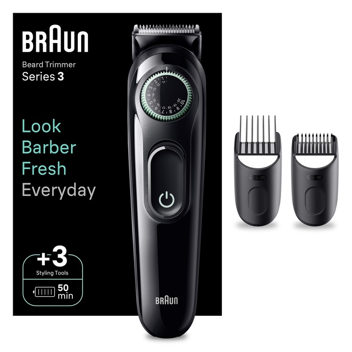 Braun BT3411 szakállvágó, Wet&Dry, precíziós forgatógomb, 40 hosszbeállítás, 2 fésű, 50 perces autonómia, fekete/zöld