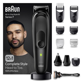 Aparat de tuns multifunctional Braun MGK7460, Wet&Dry, AutoSense, 12-in-1, 2 piepteni ficsi, 4 piepteni, 3 capete, 1 aparat de ras Gillette, autonomie 100 minute, Suport de incarcare, Organizator, Negru