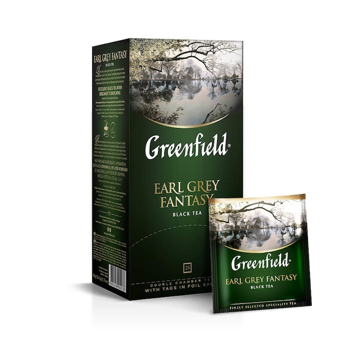 Ceai negru Greenfield Earl Grey Fantasy, 25 pliculete*2 g, cu aroma de bergamota