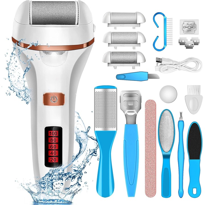Pila electrica pentru picioare Regal Bliss ® cu indepartare eficienta a calusurilor, rezistent la apa, pentru calcaie crapate si piele uscata, ideal in pedichiura medicala, baterie durabila, ecran LCD, Set cu accesorii incluse, Alb
