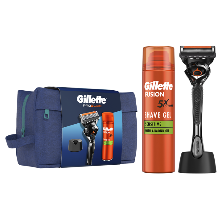 Комплект Gillette Proglide: Самобръсначка + Гел за бръснене Fusion Ultra Sensitive, 200 мл + Поставка за бръснач + Чанта за пътуване