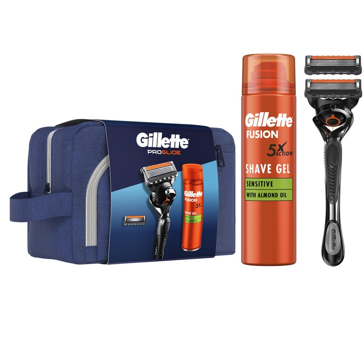 Комплект Gillette Proglide: Самобръсначка + 1 резерва + Гел за бръснене Fusion Ultra Sensitive, 200 мл + Комплект за пътуване
