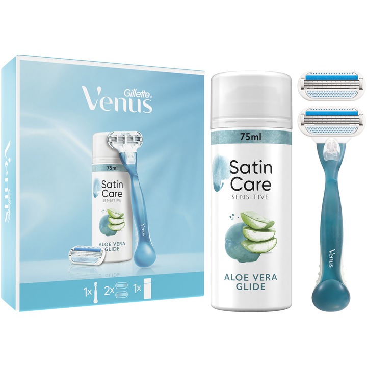 Set cadou Venus Smooth: Aparat de ras pentru femei + 1 rezerva + Gel de ras pentru femei Gillette Satin Care Aloe Vera Glide, 75 ml