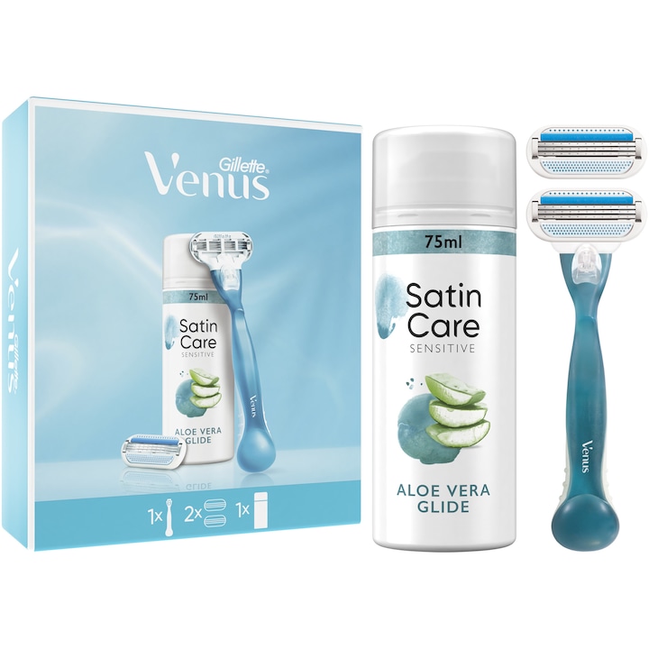 Комплект Venus Smooth: Дамска самобръсначка + 1 резерва + Дамски гел за бръснене Gillette Satin Care Aloe Vera Glide, 75 мл