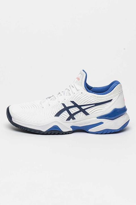 Asics, Pantofi cu logo contrastant, pentru tenis Court FF, Alb/Bleumarin, 35.5