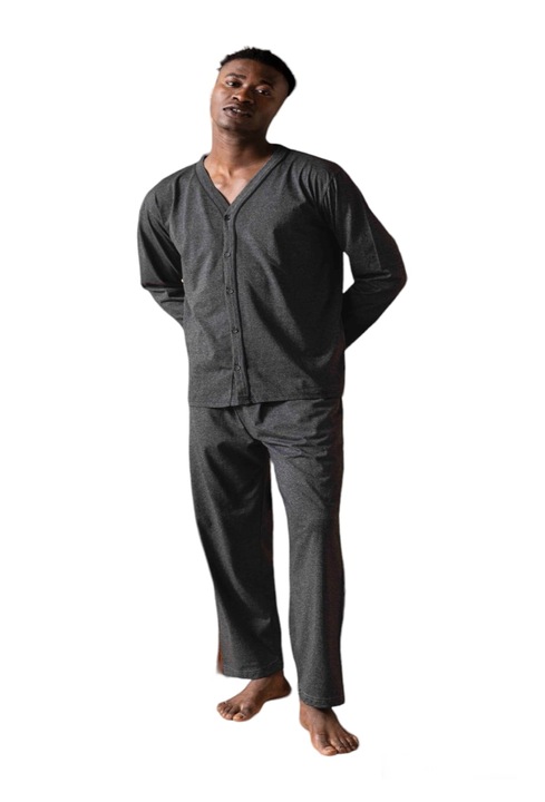 Férfi pizsama, hosszú ujjú hosszú nadrág, gombos blúz, szürke XL