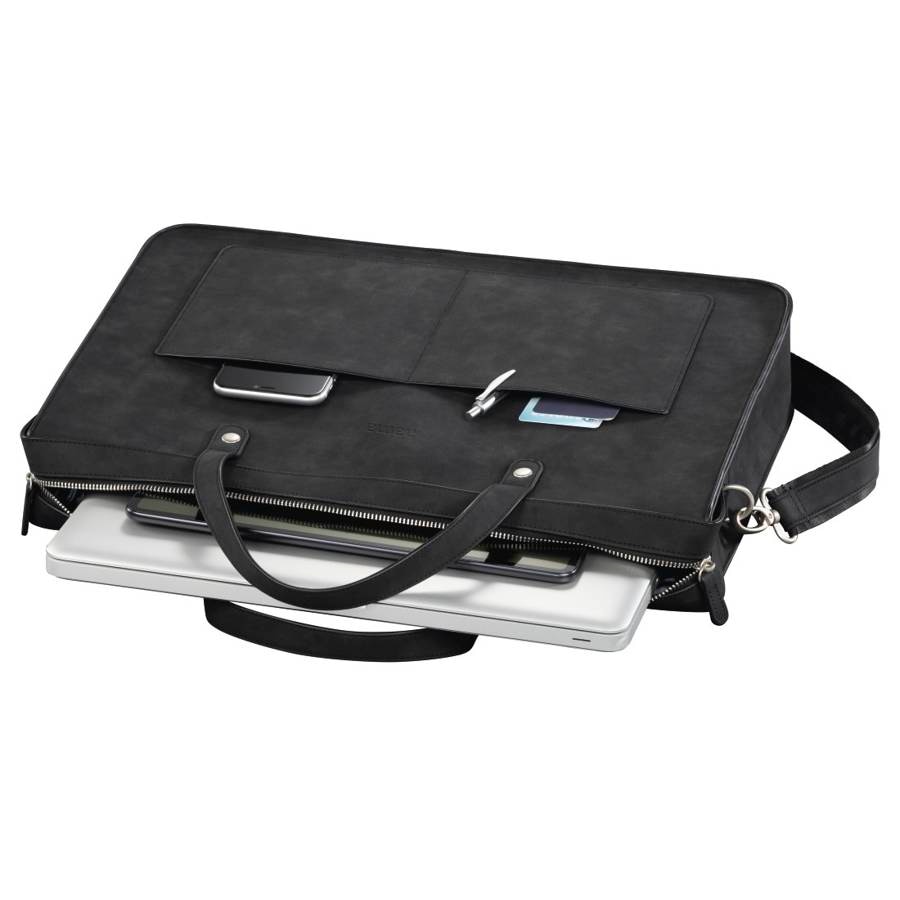 Geanta pentru laptop de dama, diagonala maxima 15.6", 2 buzunare frontale, inchidere cu fermoar, 45x42x8.5cm, piele ecologica, Negru
