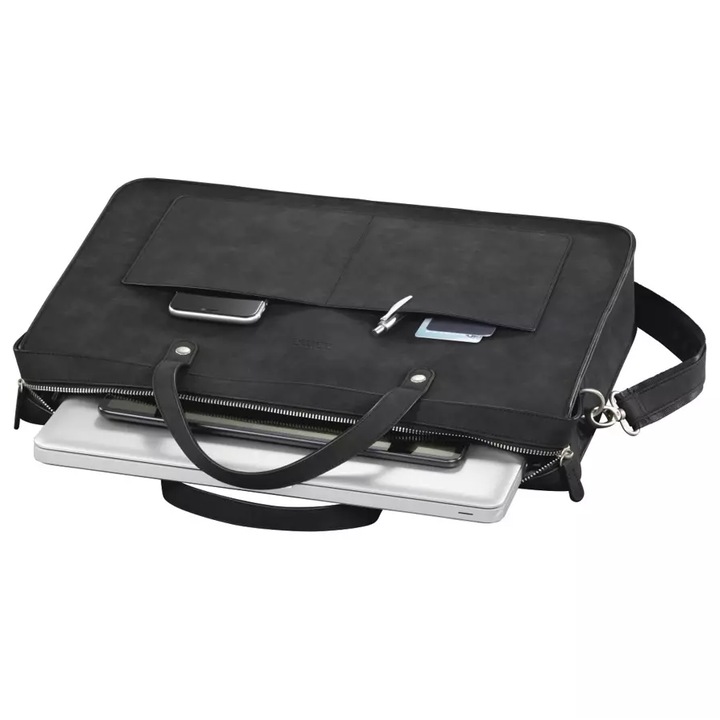 Geanta pentru laptop de dama, diagonala maxima 13.3"-14.1", 2 buzunare frontale, inchidere cu fermoar, 39x39x8.5cm, piele ecologica, Negru