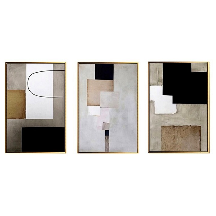 Set 3 tablouri abstracte gri bej auriu, pictate ulei pe panza placate cu foita de aur 150 cm x 70 cm