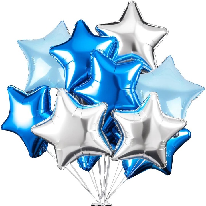 Set 6 baloane stea folie, 45cm, Buchet stelute culoare argintiu, bleu, albastru