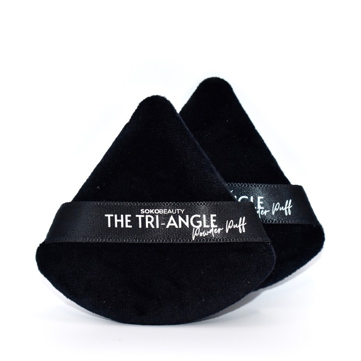 Set Aplicator 2 x Bureti Pudra Soko Beauty, cu ambalaj de protectie reutilizabil si impermeabil, puff pentru pudra, negru, triunghiular pentru machiaj