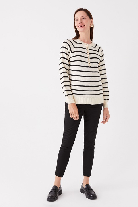 LC WAIKIKI, Pulover cu dungi si fenta cu nasturi, Negru/Crem, M