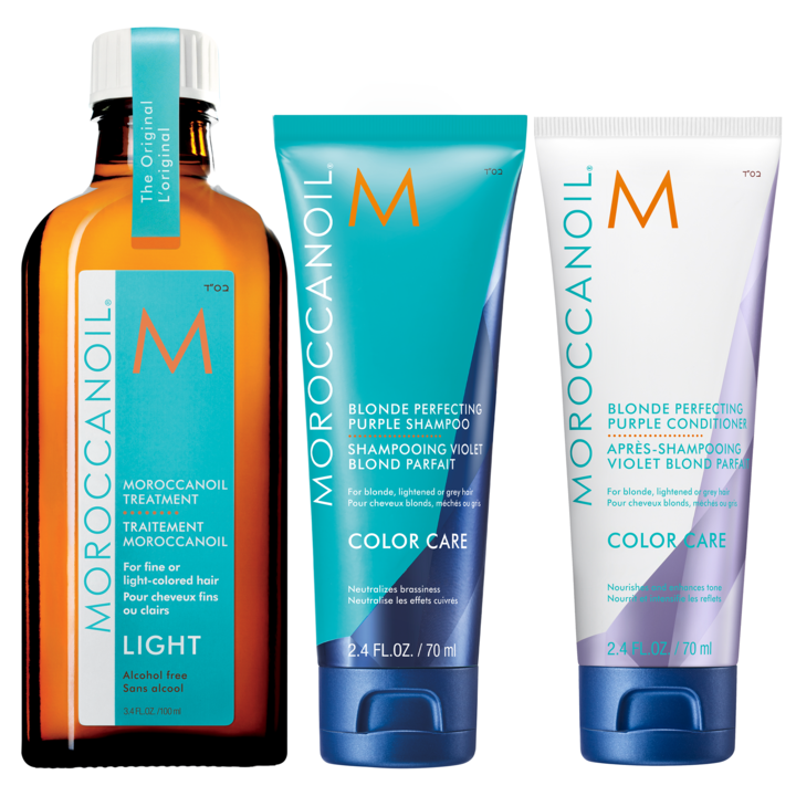 Комплект за руса коса Moroccanoil Blonde Perfecting Purple: Moroccanoil Blonde шампоан, 250 ml + Олио Moroccanoil Treatment, За всеки тип коса, 100 ml