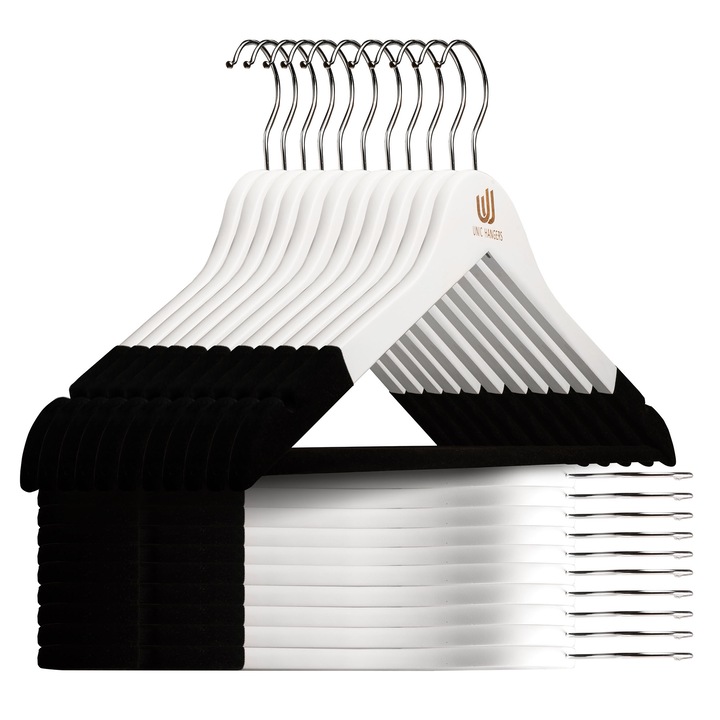 Комплект закачалки, уникални закачалки, с кадифени ръбове и класически дизайн, черни и бели, 30 части