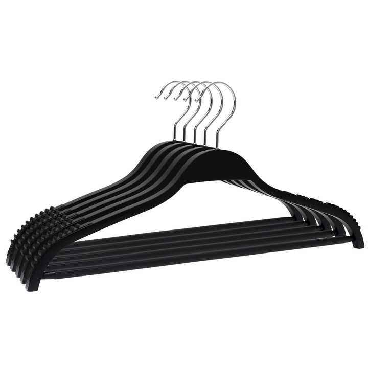 Set Umerase din Lemn, Unic Hangers, cu margini de cauciuc anti alunecare, bara pentru pantaloni si design modern, 10 bucati, Negru