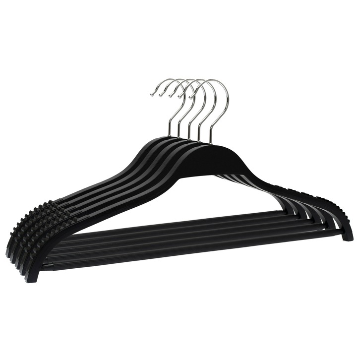 Set Umerase din Lemn, Unic Hangers, cu margini de cauciuc anti alunecare, bara pentru pantaloni si design modern, 100 bucati, Negru