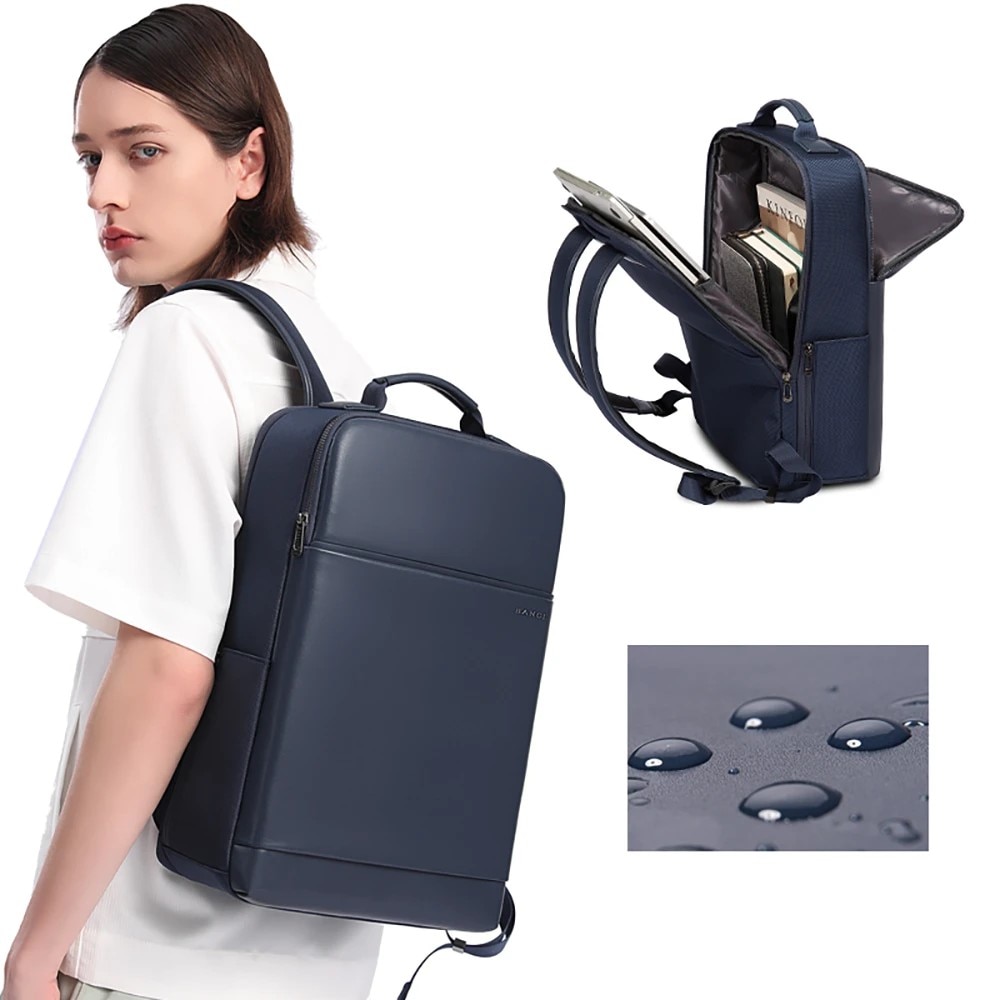 Rucsac laptop 15.6" business ingust, cu port de incarcare USB si detalii din piele ecologica, Bange, 30x12x43 cm, Albastru