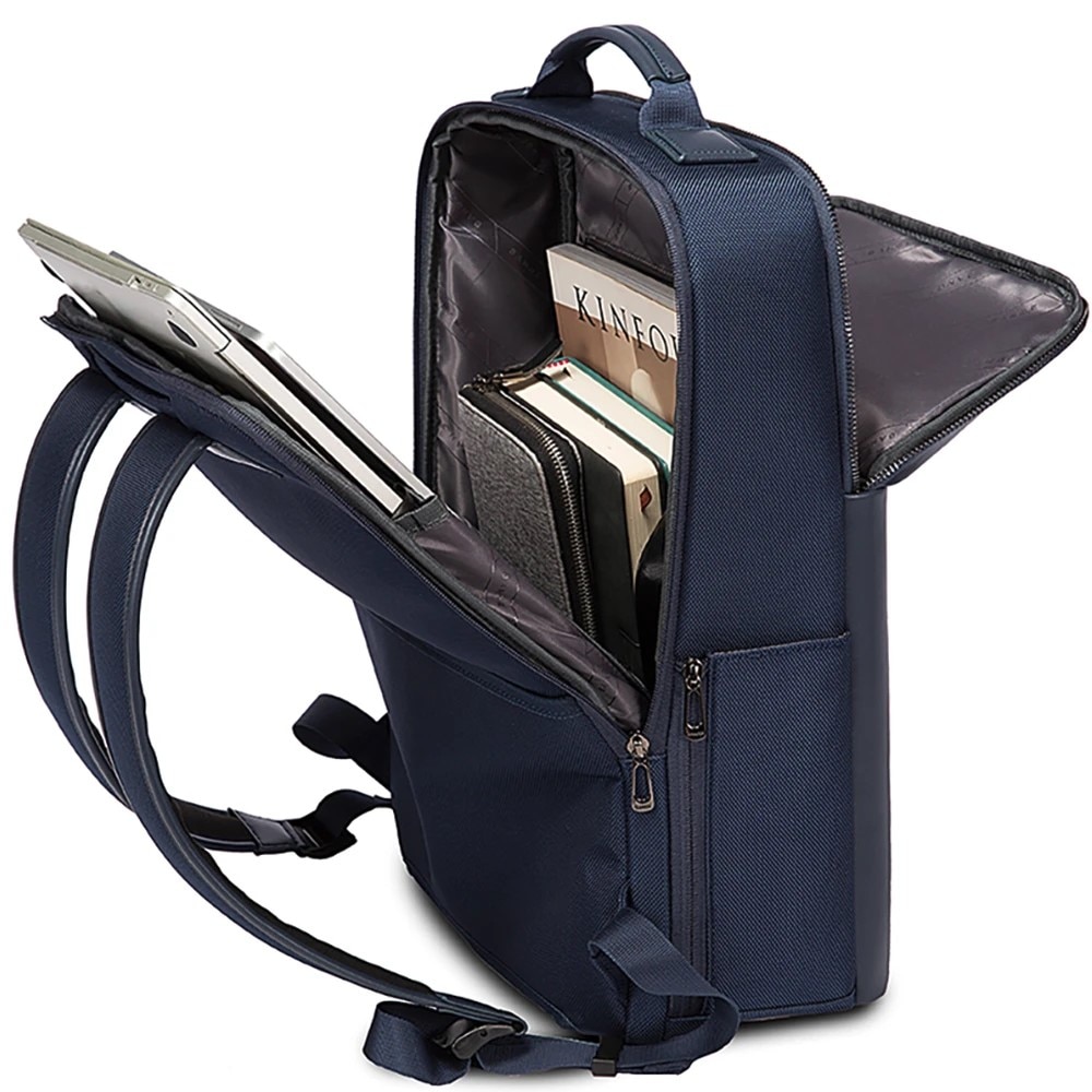 Rucsac laptop 15.6" business ingust, cu port de incarcare USB si detalii din piele ecologica, Bange, 30x12x43 cm, Albastru