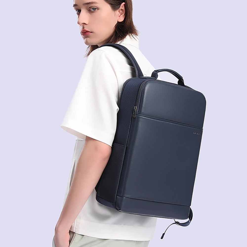 Rucsac laptop 15.6" business ingust, cu port de incarcare USB si detalii din piele ecologica, Bange, 30x12x43 cm, Albastru