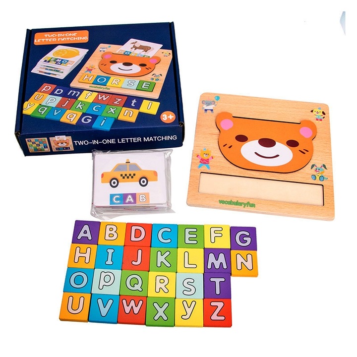 Joc educativ de asociere, alfabet si cuvinte, 2 in 1, formeaza cuvinte si invata alfabetul, din lemn