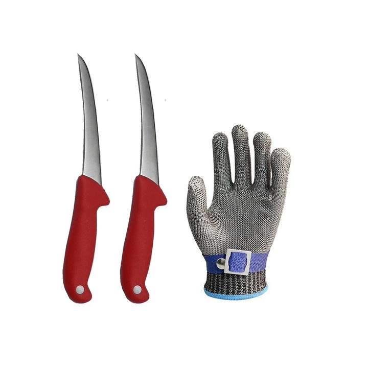 Set Profesional macelar format din 2 Cutite pentru dezosat si Manusa anti taiere marime L, plasa inox, Rosu