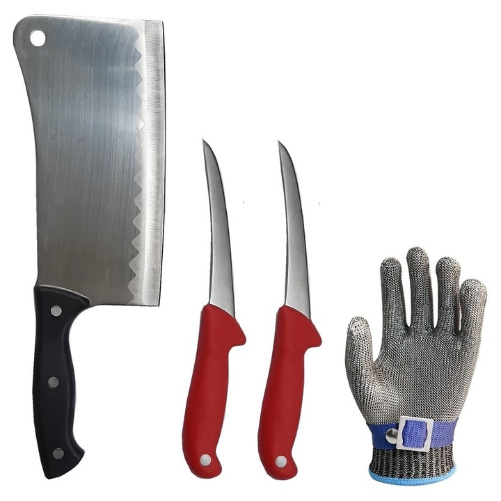 Set Profesional macelar format din 2 Cutite pentru dezosat, Satar 800 grame si Manusa anti taiere marime L, plasa inox, Rosu