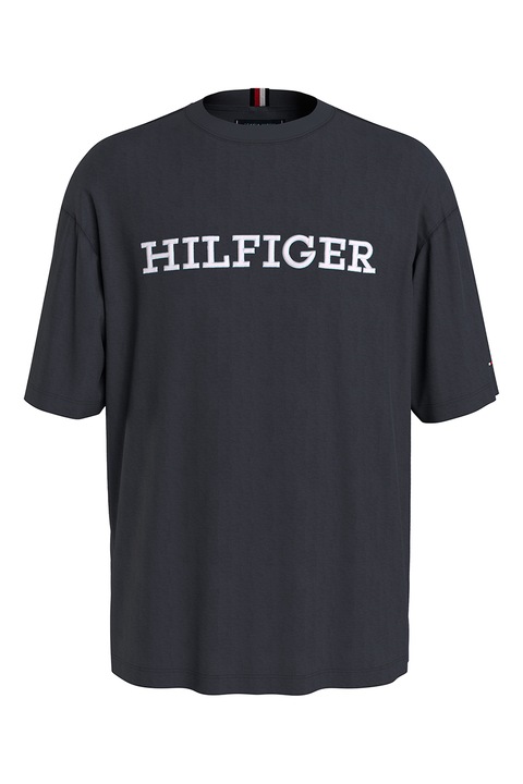 Tommy Hilfiger, Tricou relaxed fit cu logo brodat, Gri deschis/Albastru ultramarin, XL