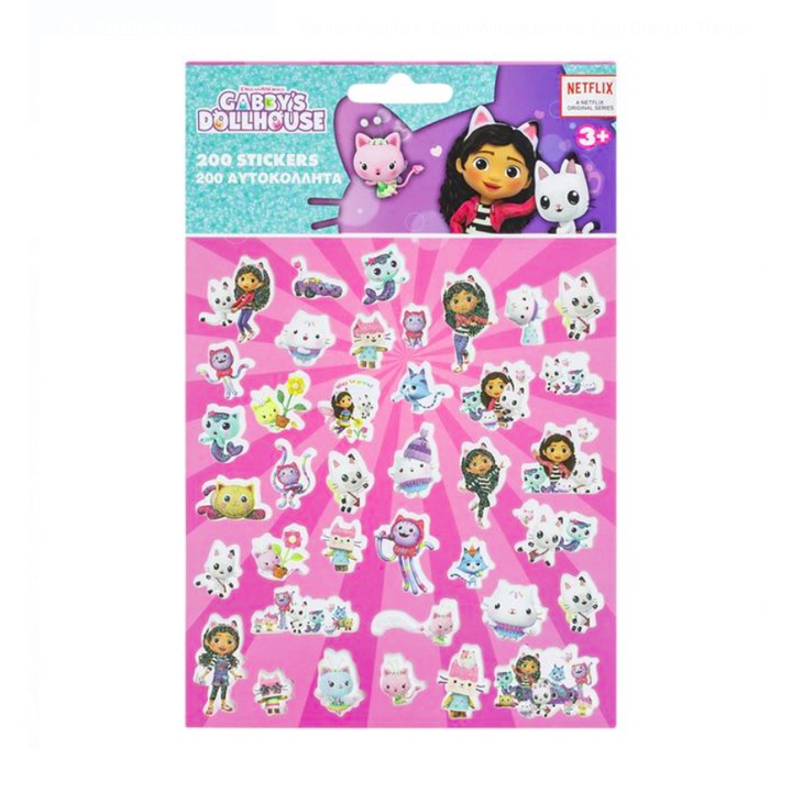 Set de 200 stickere pentru copii, personaj Gabby's Dollhouse, diverse modele si marimi, multicolor